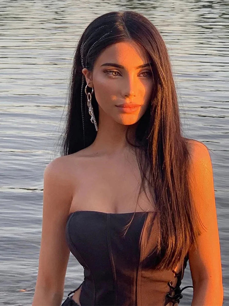 Women's Off Shoulder Strapless Lace Up Bustier Corset, Crop Tops, Black Sleeveless Vest, Cropped Feminino