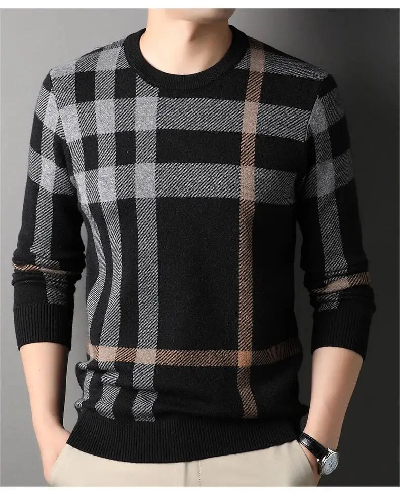 High Quality Luxury Men's Knitted Pullover Autumn Winter O-Neck Striped Wool Sweater British Casual Fashion Versatile Knitwear