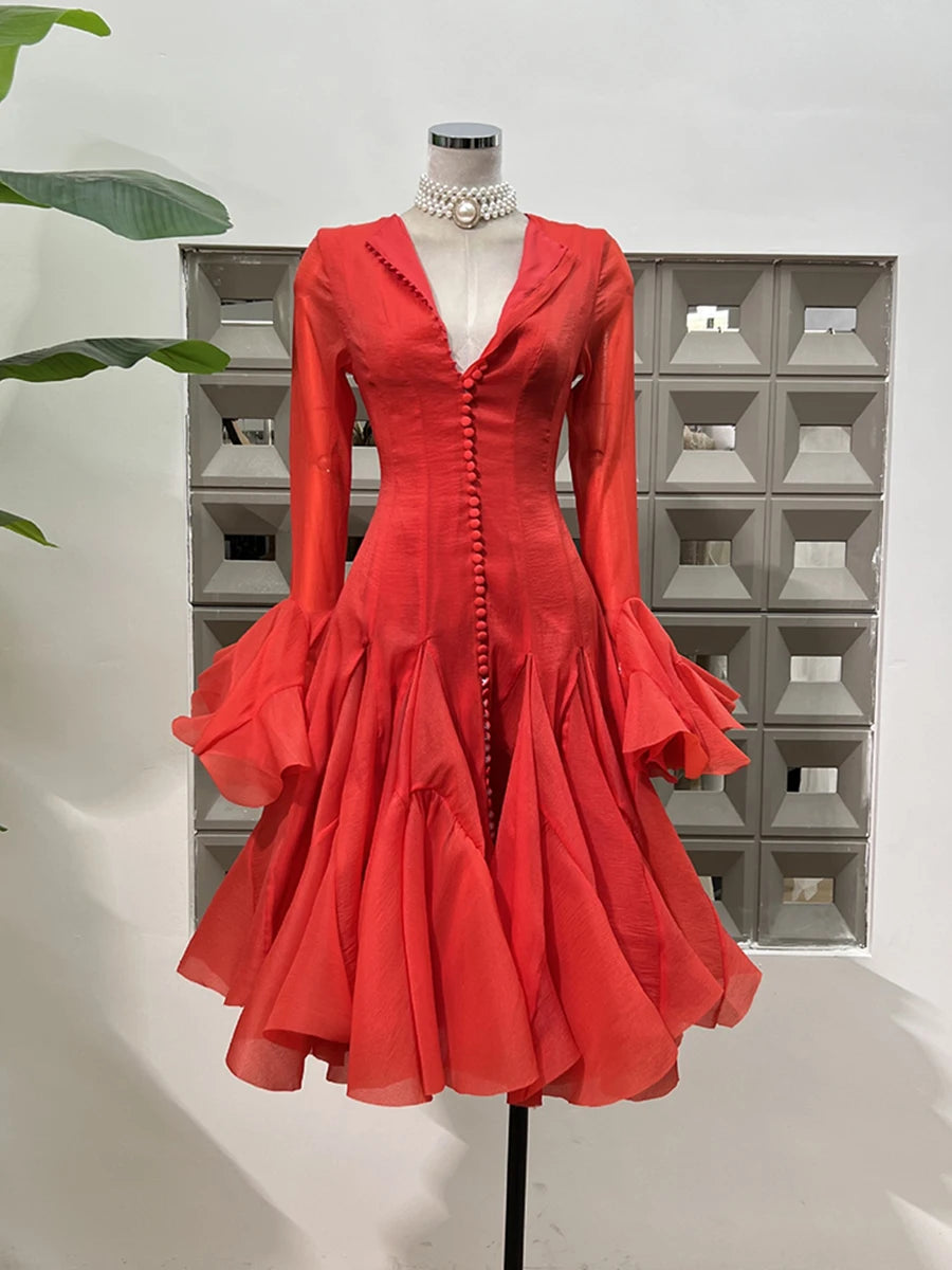 TWOTWINSTYLE Women's Dress Irregular Pleated Patchwork Fashion Long Lantern Sleeve Waist Cinching Mini Dresses 2024 New Clothing