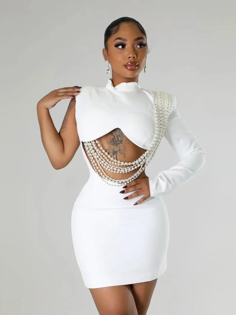 Fashiona sexy women's slim fit solid color one shoulder elegant dress pearl string party half high neck hip hugging mini dress
