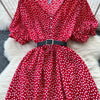 Summer Pleated Women Buttons Dresses Casual Beach Holiday Short Sleeve V Neck Woman Midi Dress Bohemian Mujer Vestidos