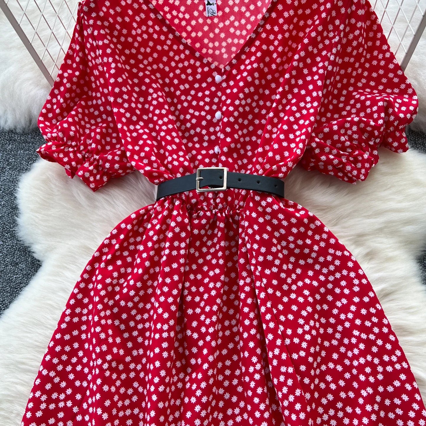 Summer Pleated Women Buttons Dresses Casual Beach Holiday Short Sleeve V Neck Woman Midi Dress Bohemian Mujer Vestidos