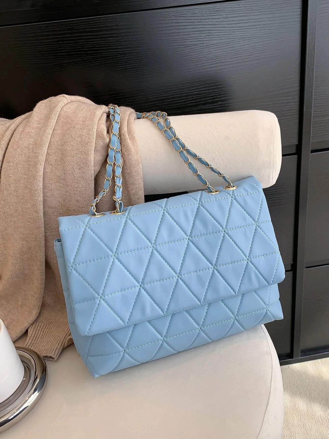 Fashion Blue Pu Flap Bag Golden Large Capacity Niche Geometric Handbag Women's Bag Embroidery Thread Metal Chain Shoulder Bag