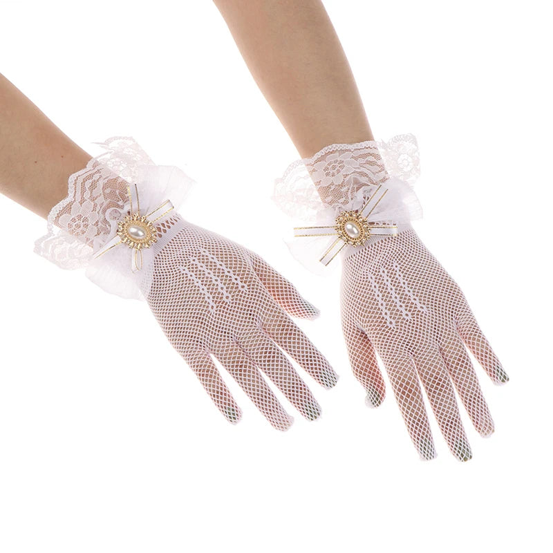 Girl Lolita Mesh Bow Flower Lace Gloves Black White Lace Gloves lolita Lace Sleeves Cosplay Jewelry