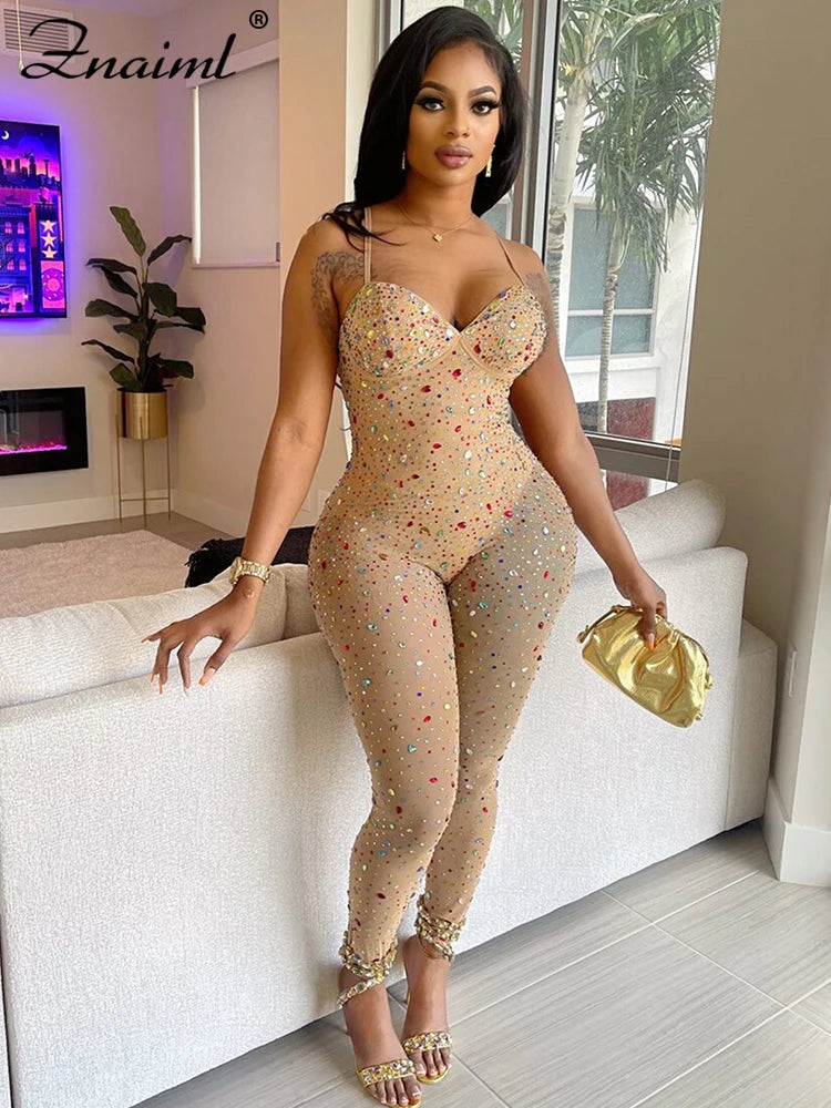 Znaiml Luxury Birthday Night Club Party One Piece Rompers and Jumpsuits for Women Sexy Mesh Sheer Colourful Diamonds Overalls