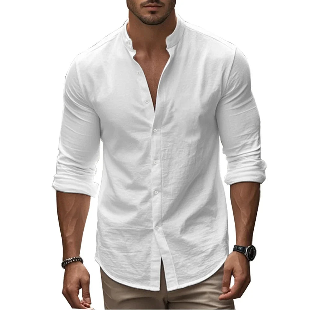 Spring and Summer Men's Shirt Cotton Linen Slim Casual Hawaii Solid Colour Basic Style Breathable Men's Versatile Tops