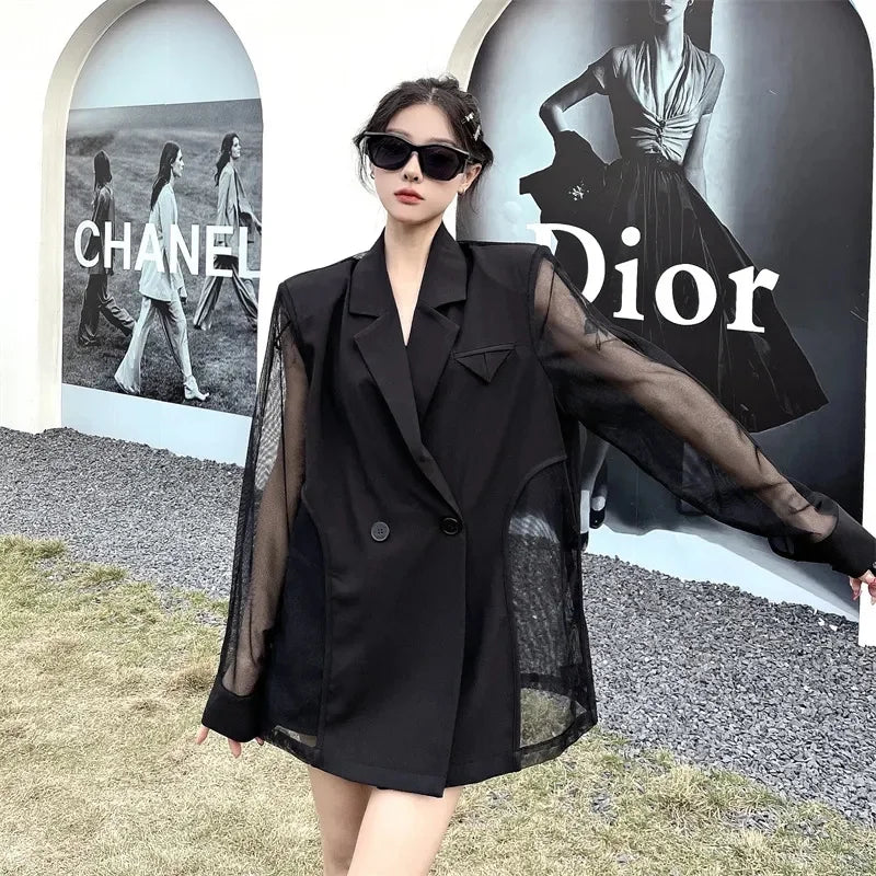 Fashion Hollow Out Mesh Patchwork Blazer for Women Y2K Korean Chic Net Long Sleeves Loose Black Coat Gothic Casual Suit Jacket