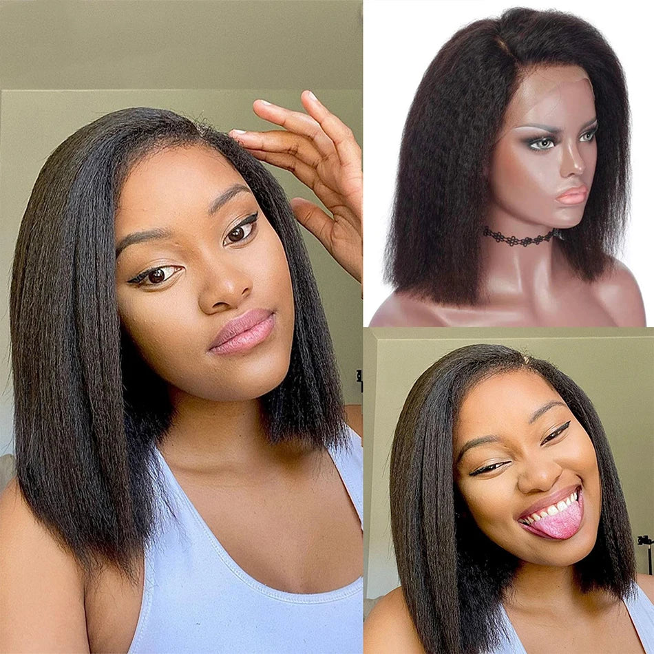 Peruvian Kinky Straight Wig Glueless Short Bob Wigs Human Hair 13X4 Yaki Straight Lace Front Wig Pre Plucked Closure Wig 180%