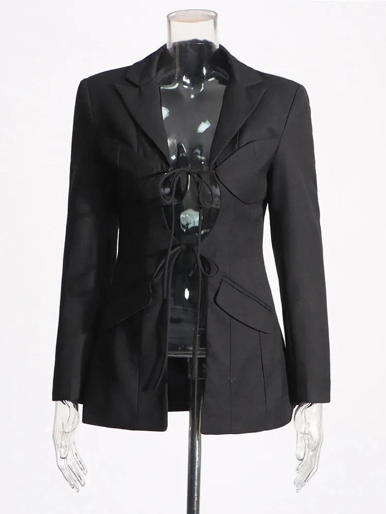 TWOTWINSTYLE Patchwork Lace Up Hollow Out Blazer For Women Notched Collar Long Sleeve Tunic Designer Blazers Female Fashion New