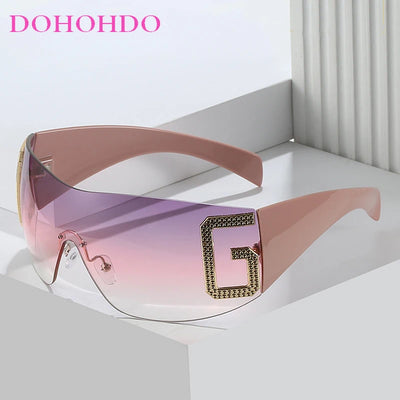 2024 New Oversized Rimless Sunglasses Women Fashion One-Piece Shield Sun Glasses For Female Streetwear Y2k Sunglass Ladies UV400