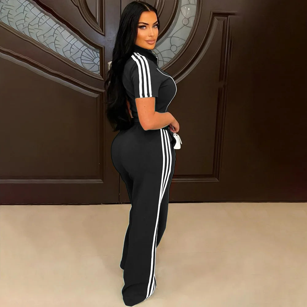 Fashion Casual Short Hoodie 2 Piece Women Summer Zipper Top Short Sleeved Sports T Shirt Stripe Splicing Long Pants Female Suit