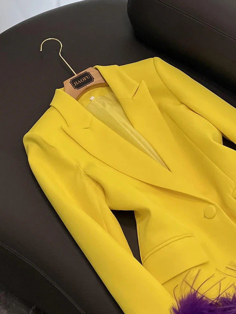 TWOTWINSTYLE New Hit Color Chic Blazers For Women Notched Collar Long Sleeve Patchwork Feathers Fashion Blazer Female KJA524948