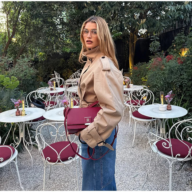 Fashion Belt Short Trench Coat Women Stand Collar Double Breasted Pocket Long Sleeve Coats 2025 Autumn Lady Commute Chic Outwear