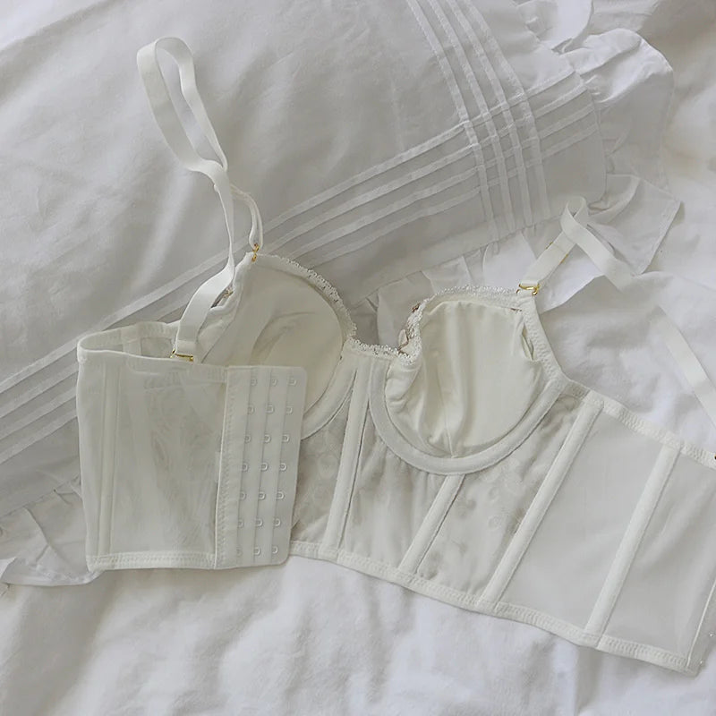 Three-dimensional embroidered bra sexy lace fish bone corset widened breasted with steel ring 2/1 half cup bralette underwear