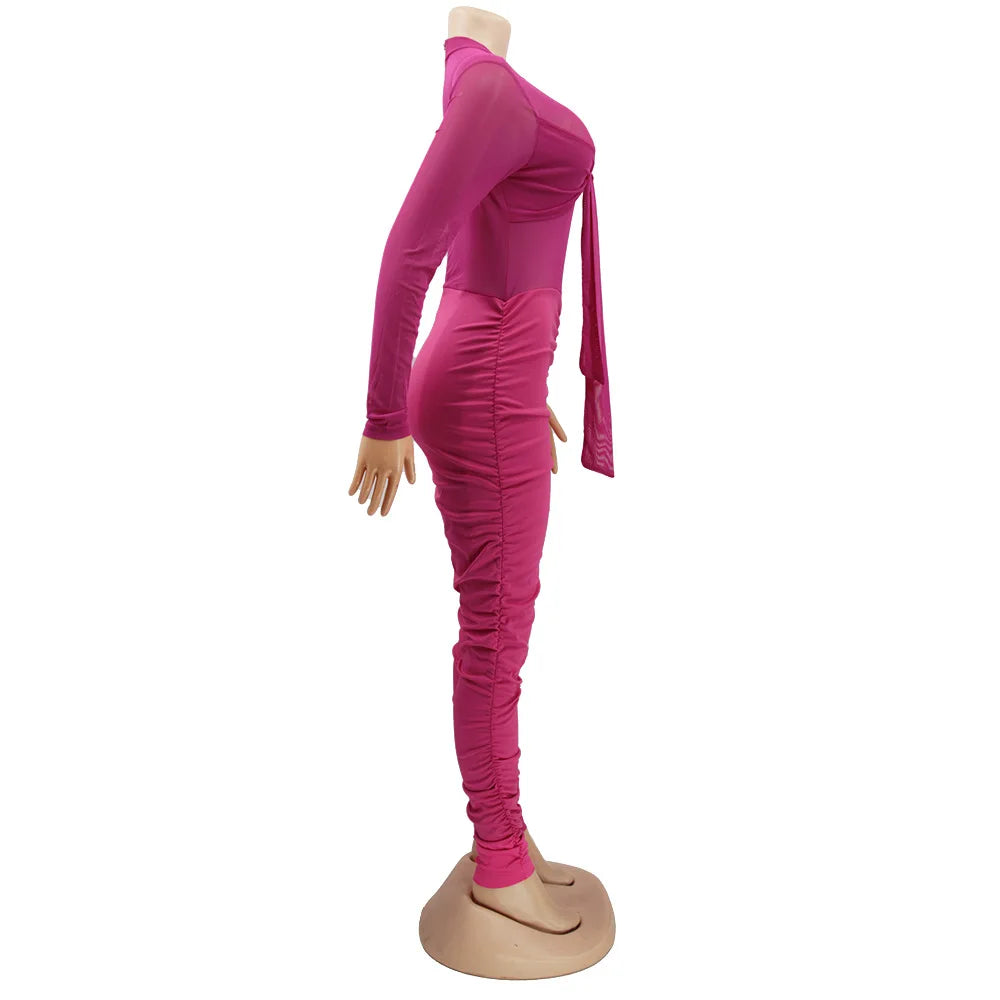 Sexy Mesh Patchwork Jumpsuits for Women Elegant Long Sleeve Bandage One Piece Party Long Bodysuit
