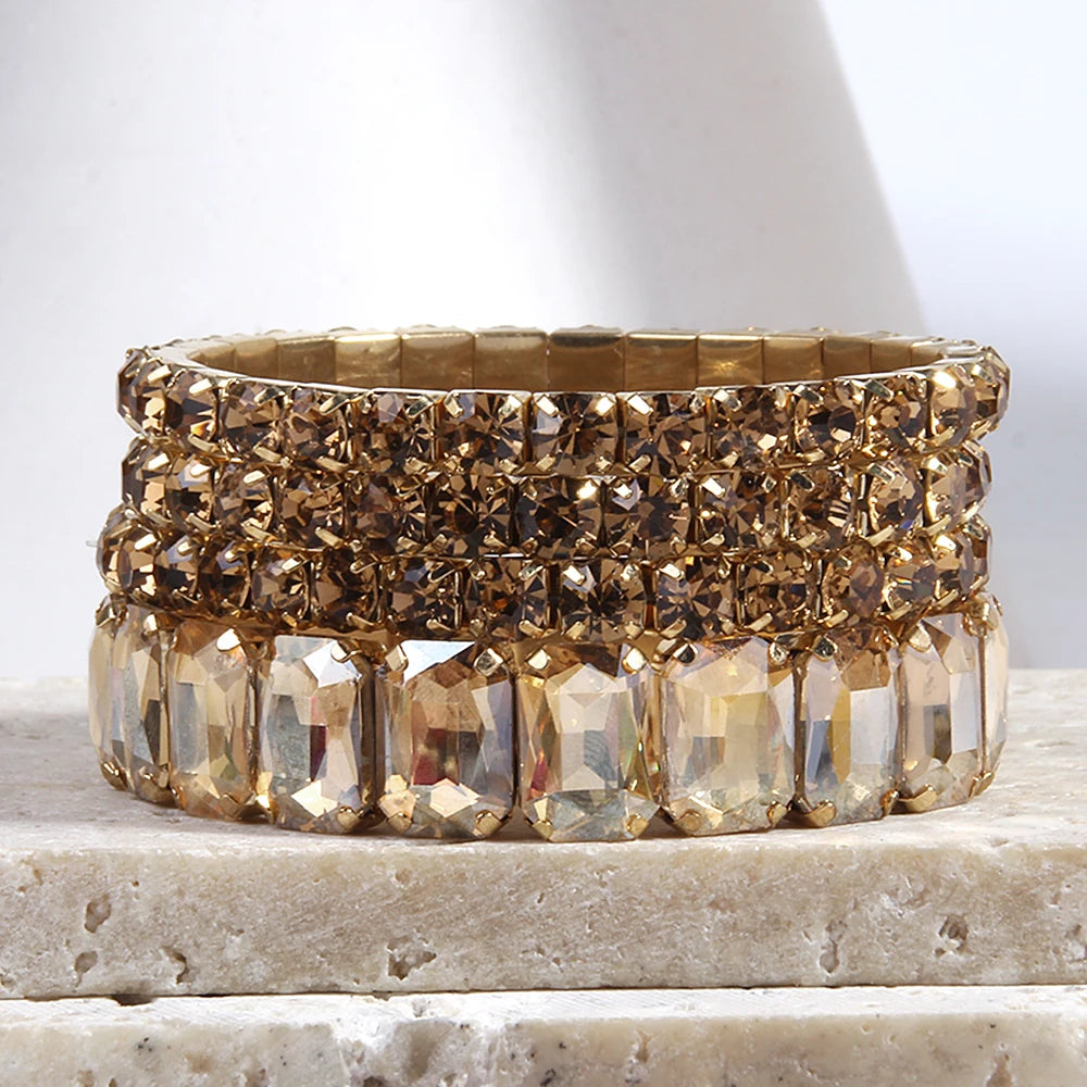 Fashion Bohemia Tennis Shiny Bracelet Jewelry 4 pcs Multicolor Crystal Glass Elastic Stack Bracelets Set