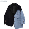 Women Vintage Fashion Blazer Denim Patchwork Jackets 2022 Autumn Winter Irregular Coat Women Long Sleeve Loose Korean Outerwear
