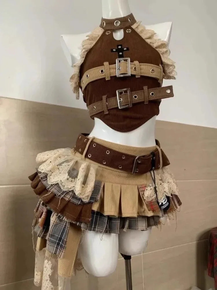 Punk Style Vintage Woman 2 Piece Sets Y2k Design Strapless Crop Tops + High Waist Ruffle Skirt Female Party Korea Style Outfits