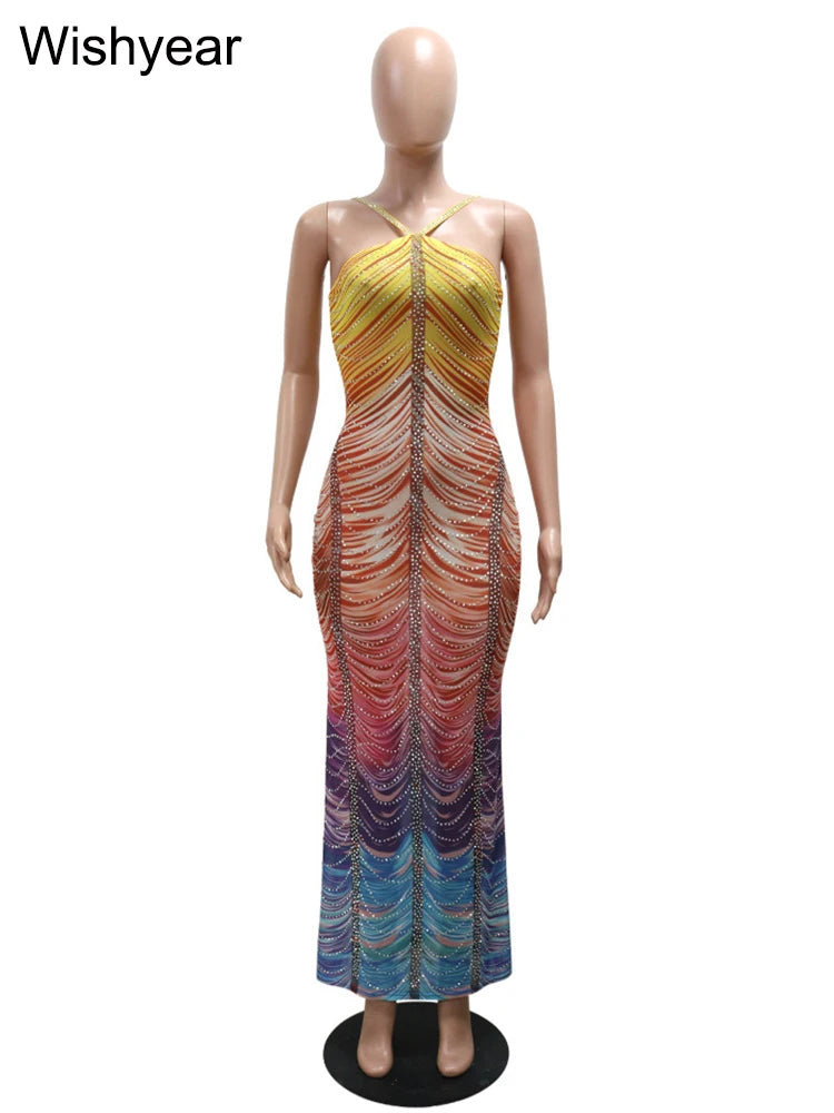 New Gradient Rhinestone Tie Dye Print Halter Mermaid Long Dresses Women Backless Sleeveless Slim Birthday Party Prom Vestidos