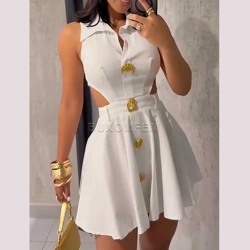 Women Stylish Short Skrits Buttoned Formal Outwear Ladies' Sleeveless V-Neck Dress Party Evening Dresses Women's New Clothing
