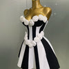 2025New Women Flower Decoration Strapless Black White Stripe Bandage Short Dress Cocktail Party Elegant Evening Club Party Dress