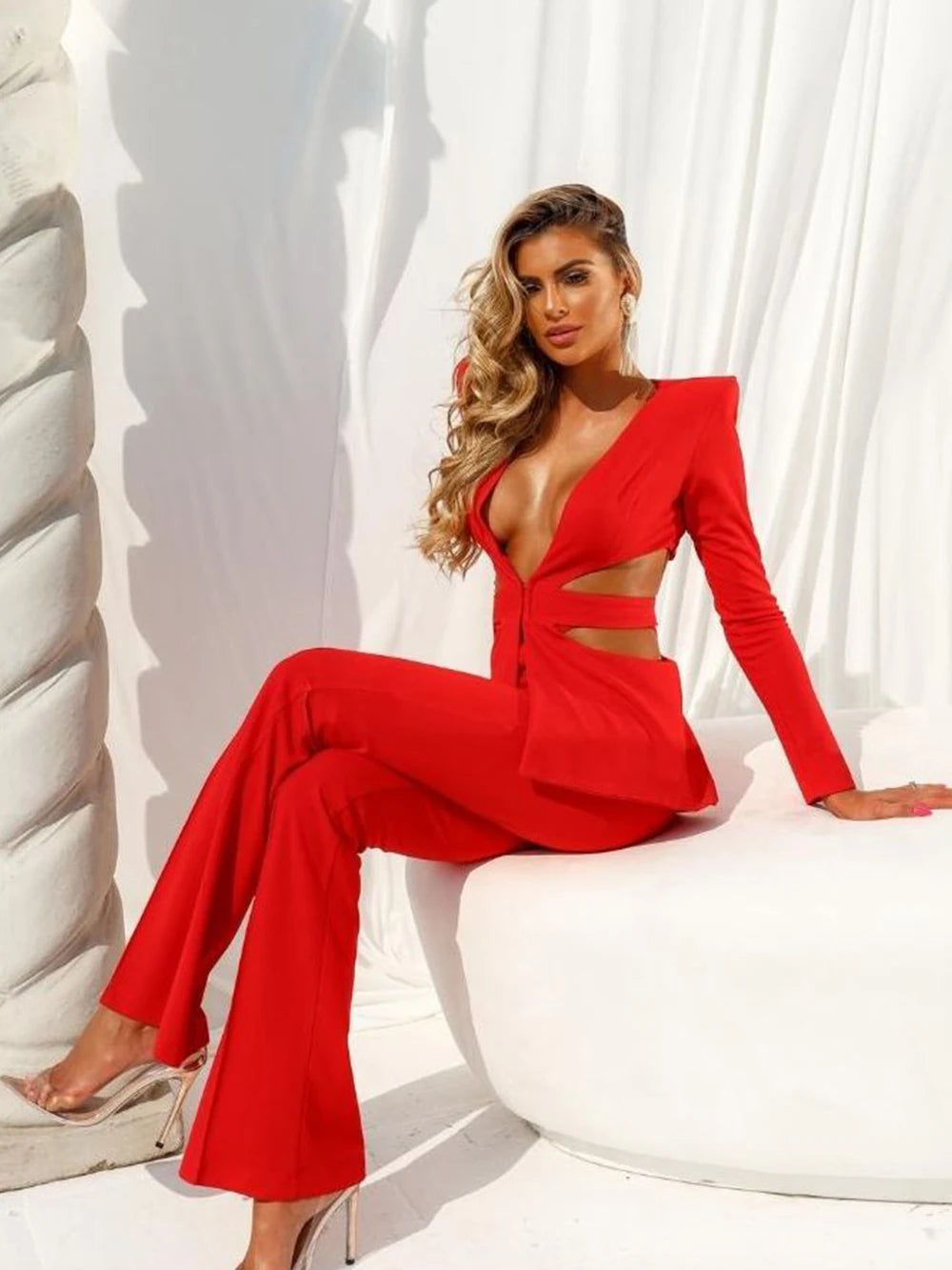 Modphy Red Sexy V-neck Long Sleeve Jacket+High Waist Flare Pants Blazer Set Women'S 2025 New Hollow Out Designer Two-Piece Set