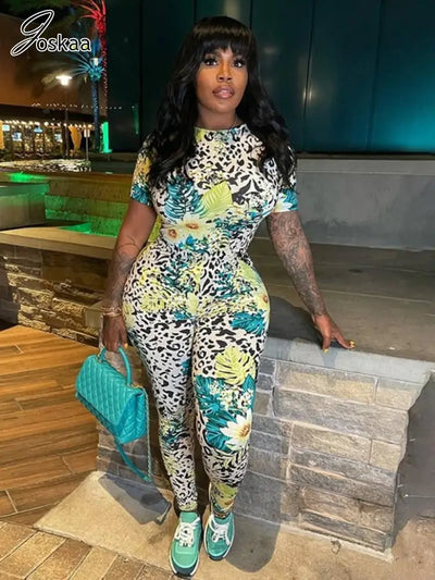 Joskaa Colorful Print Sporty Jumpsuit Women Hipster O-Neck Short Sleeve Skinny Rompers 2025 Summer Fashion Overalls Streetwear