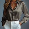 Women's Satin Shirts Elegant Plain Long Sleeve Blouse Office Lady Button-Up Shirt Top Female Crew Neck Shirts Blouse 2025 Autumn