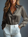 Women's Satin Shirts Elegant Plain Long Sleeve Blouse Office Lady Button-Up Shirt Top Female Crew Neck Shirts Blouse 2025 Autumn
