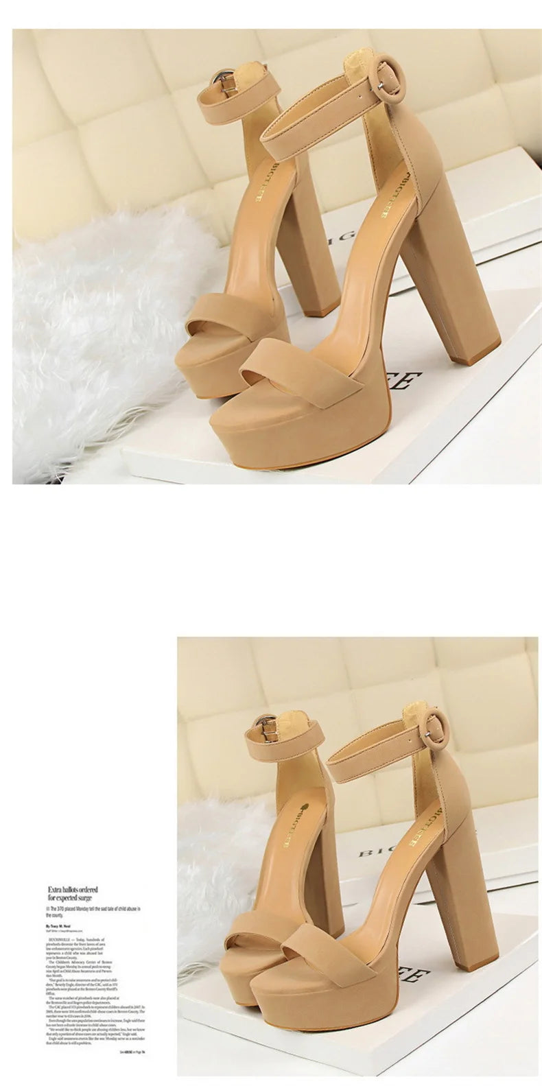 Fashion Women Pumps Sandals Summer Platform Belt Buckle Strap PU Square Heel Outdoor Korean Style Black Open Toe Grace 1550-1
