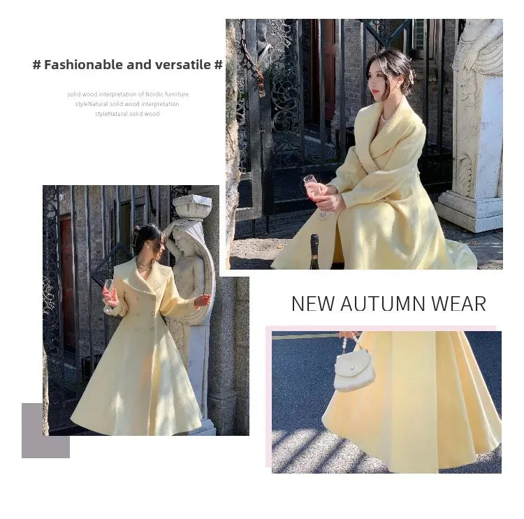 Plus Size 2024 Autumn/Winter New Style French Vintage Tweed Large Lapel Woolen Overcoat Long Sleeve Double Row Button Overcoat