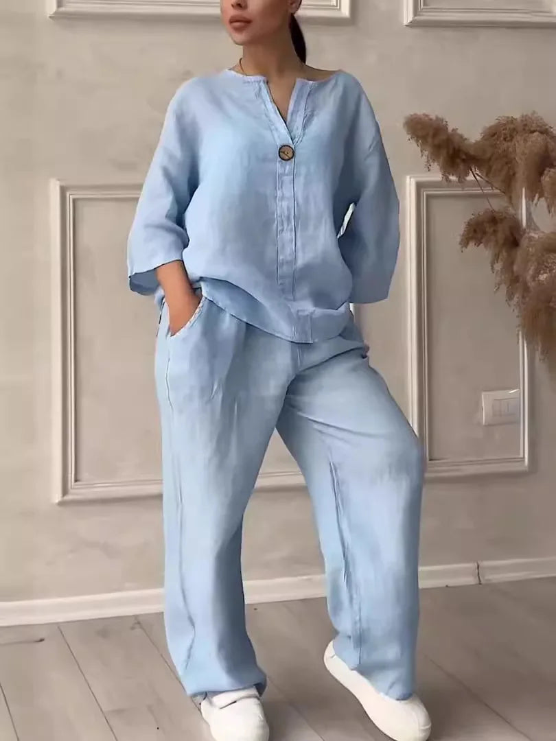 Cotton Linen Sets Two 2 Pieces Sale Casual Long Sleeve Button Loose Blouse Shirt&High Elastic Wide Leg Loose Pant Suits NMD-3021