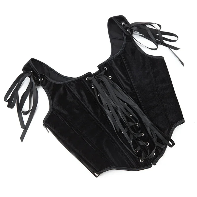 Black Velvet Sexy Overbust Corset Crop Tops Women Front Lace Up Side Zipper Shoulder Strap Bustier Vest Slimming Shaper Camis