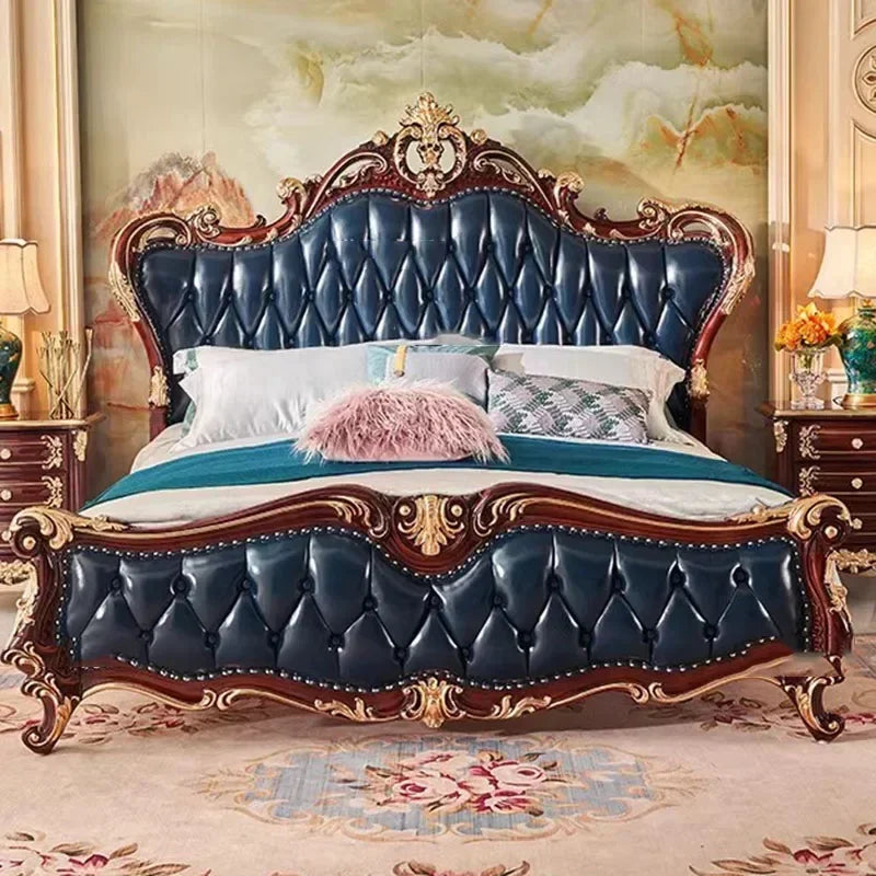 Nordic Luxury Aesthetic Bed Queen Size Cheap Cute Salon Bedroom King Bed Modern Wood Leather Camas Matrimonial Room Furniture