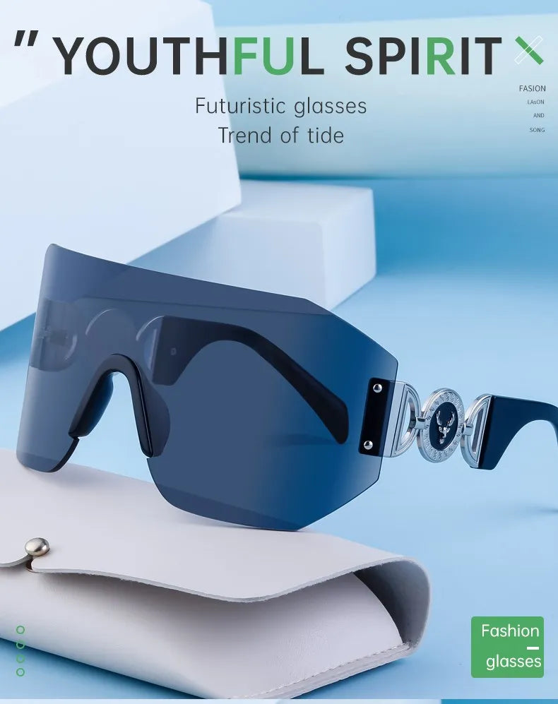 Oversized Shield Rimless Punk Sunglasses Women 2024 Luxury Brand Fashion Winged Sun Glasses For Ladies Shades Eyewear UV400