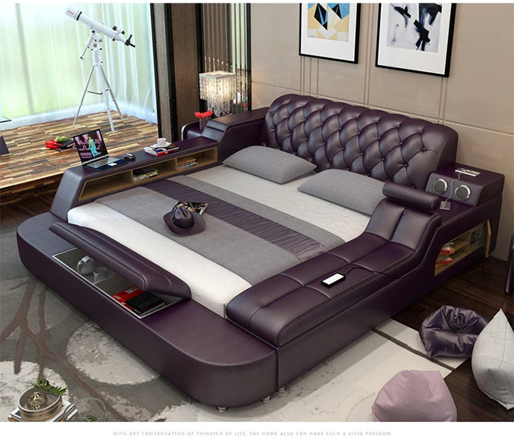 MANBAS Tech Smart Multifunctional Bed Frame with Genuine Leather, Bluetooth Speaker, and Massager Ultimate Soft Lit Tatami Camas
