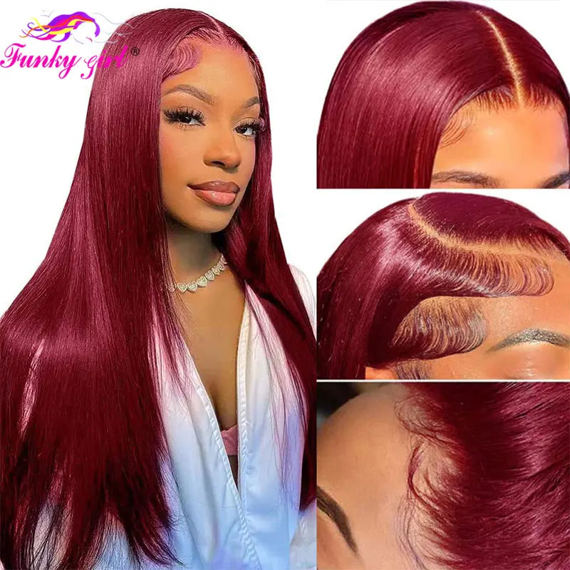 99J Burgundy Colored Wig 13x4 Transparent Lace Front Human Hair Wig Brazilian 180% Density Human Hair Highlight Wigs For Women
