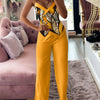 Spring Summer Sleeveless Suit Fashion Print Two Piece Sets Women Sexy V-neck Button Metal Sling Top & Wide Leg Pants Outfits