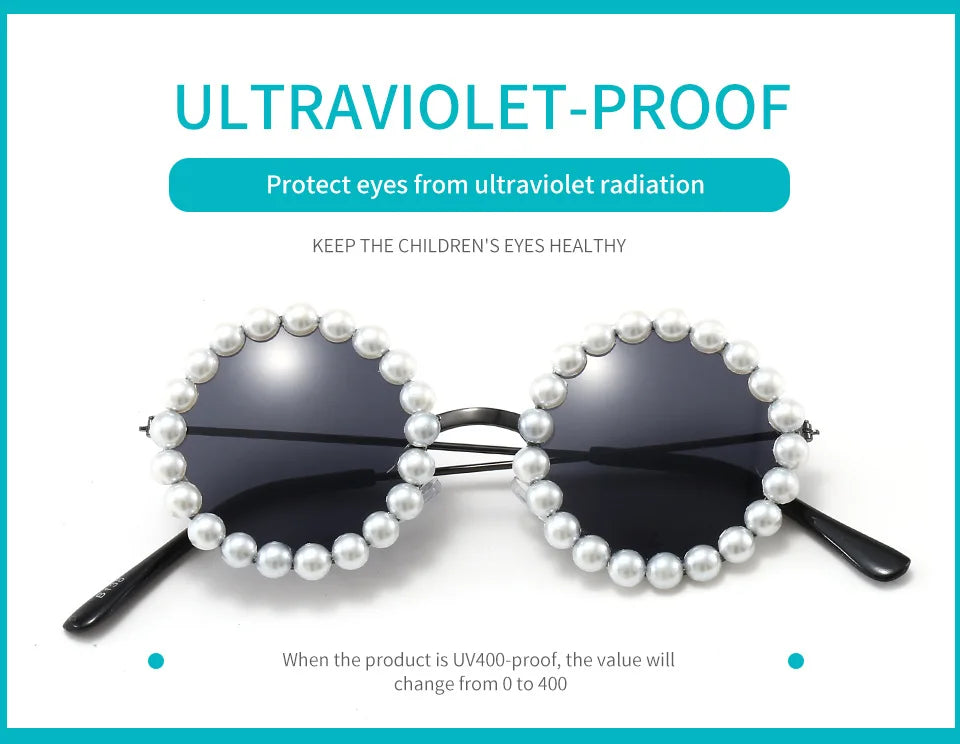 New Children's Circle Form Sunglasses Girl Decorative Pearl Frame Fashion Sun Glasses Cute Baby Outdoor Sunshade Eyewear UV400