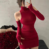 Summer Sexy High Neck Tight Dress Oversleeve Pleated Bottom Wrapped Hip Dress Women Bodycon