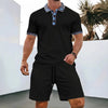 2025 Men Europe and the United States new summer Waffle solid color zip-up lapel short-sleeve suit shorts two sets