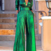 Bonboho Women's Solid Color Jumpsuit Deep V-neck Three-Quarter Sleeves High Waist Wide Leg Oe-piece Suit Summer Casual Jumpsuits