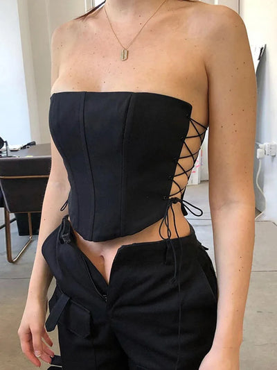 Women's Off Shoulder Strapless Lace Up Bustier Corset, Crop Tops, Black Sleeveless Vest, Cropped Feminino
