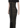 Beyprern Luxe Goddess Ruched Mesh Maxi Dress Elegant Women's Off Shoulder Pleated Bandage Beach Vacation Dress Holiday Outfits