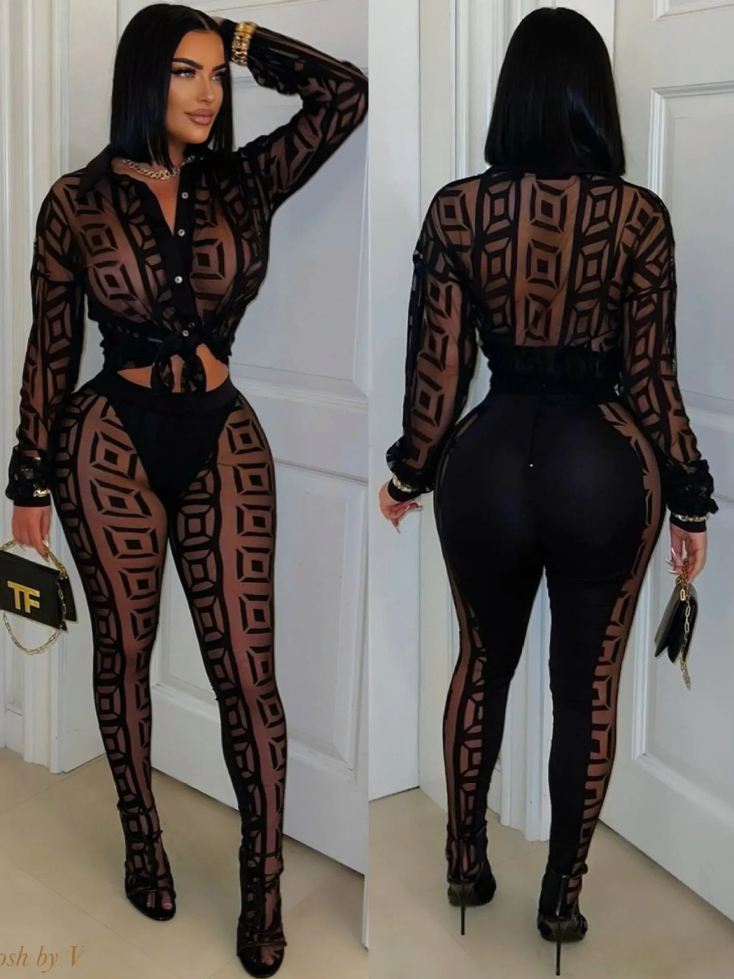 FAGADOER Sexy Mesh Women 2 Piece Set Outfit See Through Long Sleeves Crop Top + Skiny Pants Suits Female Streetwear Clothing New