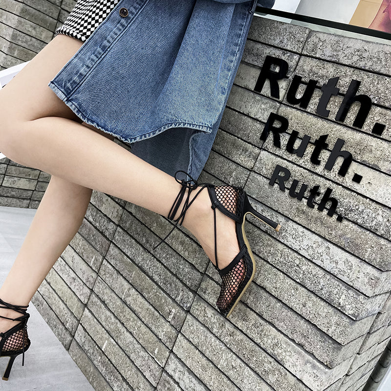 Aneikeh 2024 Summer Sexy Mesh Pumps Sandals Female Square Toe High Heel Lace Up Cross-Tied Stiletto Hollow Dress Party Shoes