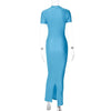 Hugcitar Pure Color O Neck Short Sleeve Slit Sexy Bodycon Slim Maxi Prom Dress 2024 Summer Women Elegant Party Festival Clothes
