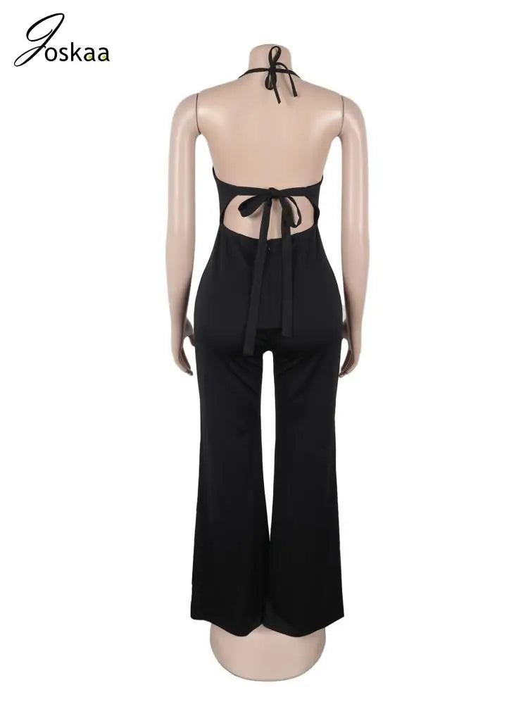 Joskaa 2025 Summer Elegant Hollow Halter Lace-Up Jumpsuits Women Hipster Sexy Backless Skinny One Piece Rompers Party Clubwear