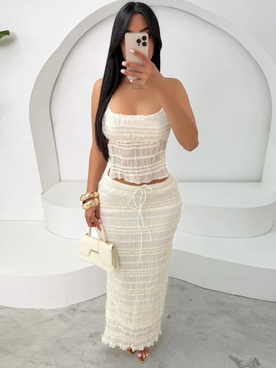 Weird Puss Mesh Backless 2 Piece Set Women Halter Lace-Up See Through Crop Tops+Loose Elegant Long Skirts Vacation Trend Outfits