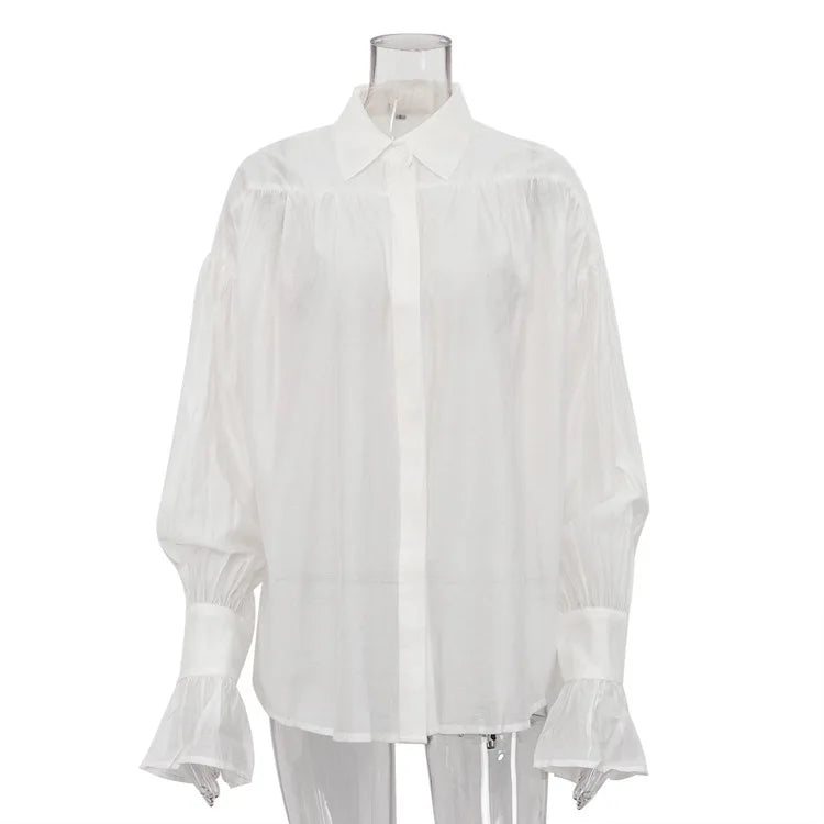 Tossy Casual Loose See-Through Shirts Women's Autumn Lapel Long Sleeve Patchwork Blouse Top Streetwear Female Solid Shirts Top